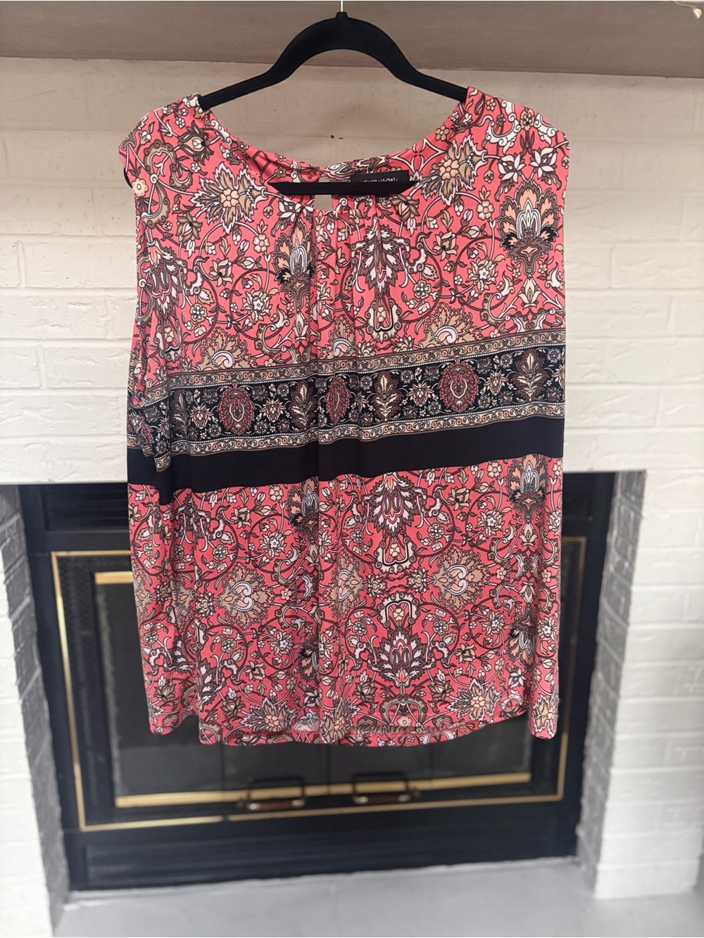Coral Paisley Sleeveless Tunic Top with Black Band Detail